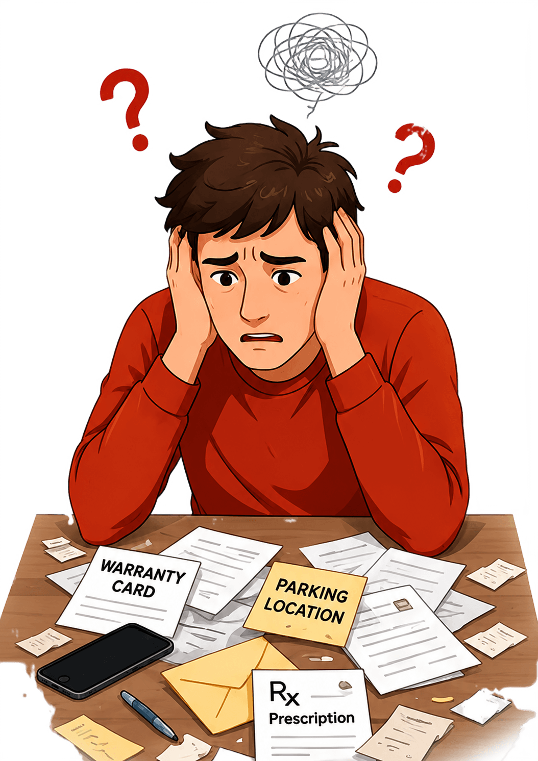 A frustrated man holding his head amid question marks and scattered papers on a desk