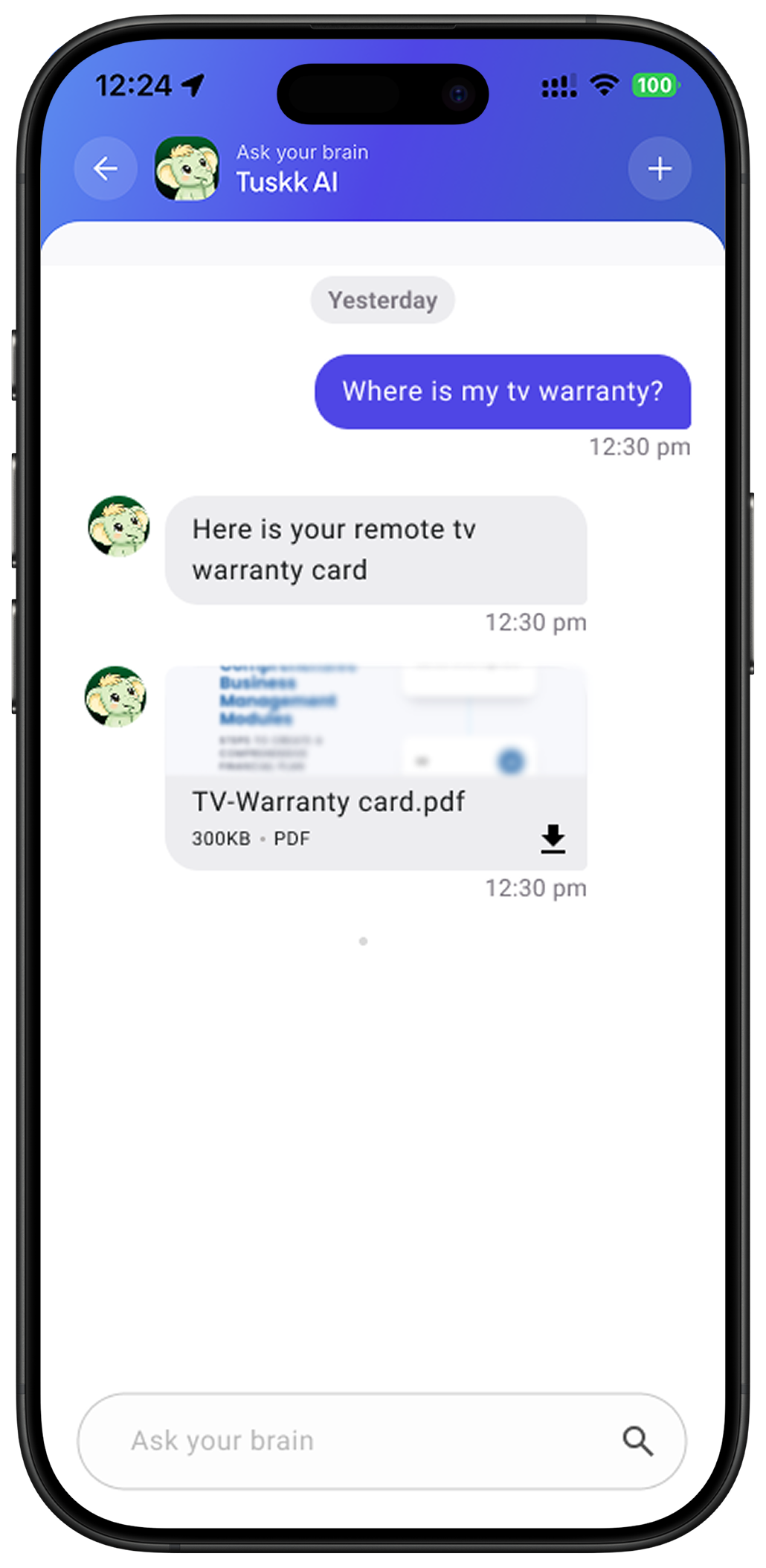 Tuskk AI chat answering where is my TV warranty and returning a TV-Warranty card PDF