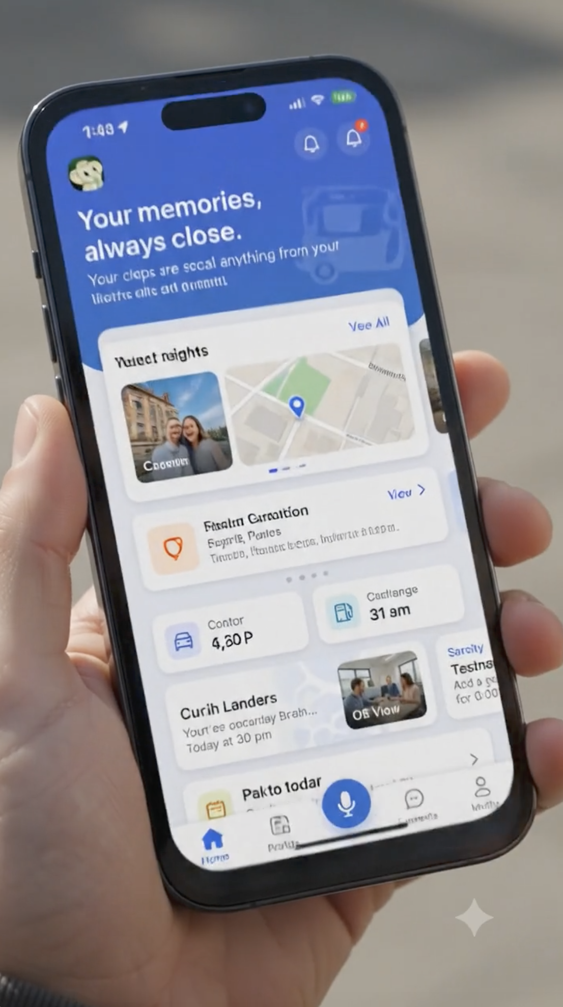 A hand holding a phone that shows a saved parking location on a map in the Tuskk app