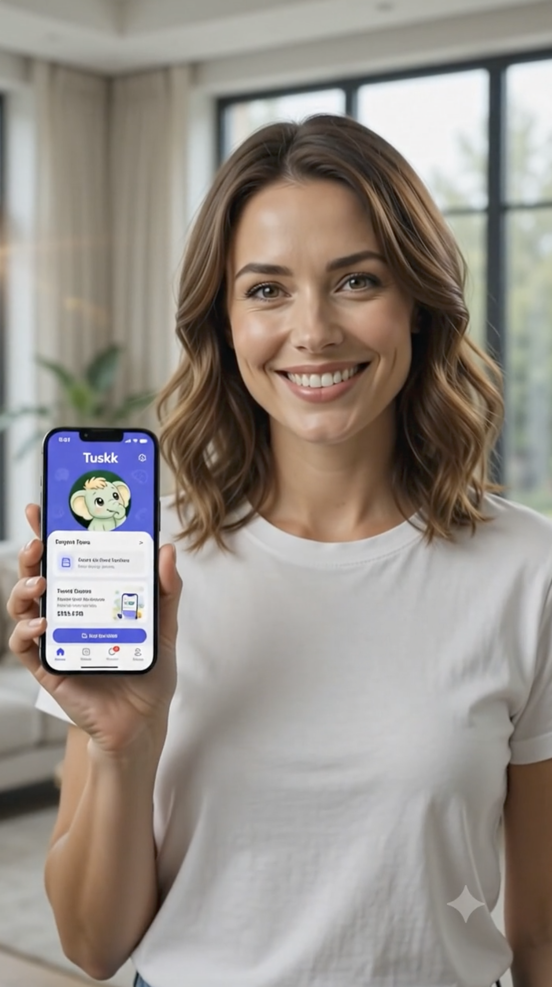 A smiling woman holding a phone that shows saved prescriptions in the Tuskk app