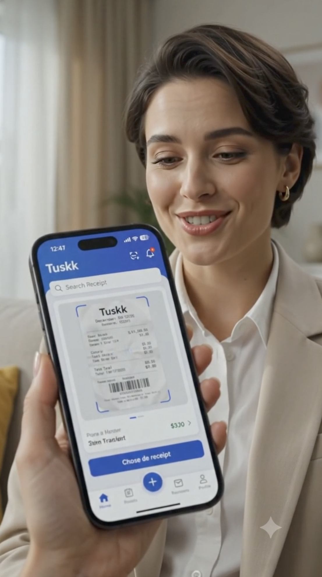 A woman holding a phone that shows a scanned warranty card in the Tuskk app